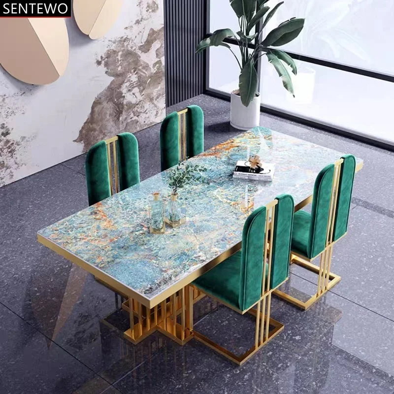 Italian Gold Stainless Steel Wedding Dinning Table Set Luxury 6 Chairs Modern White Marble Dining Tables Sala Sedie Da Pranzo