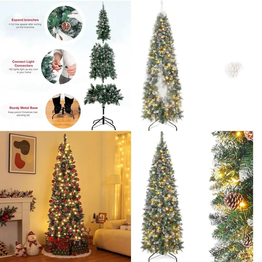 

7-Foot Pre-Lit Pencil Christmas Tree with Snowy Pine Cones and 210 Warm White Lights