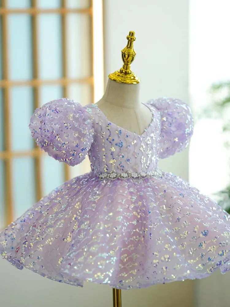 Children\'s Sequins Evening Gown Puff Sleeve Design Kids Host Runway Costumes Wedding Birthday Eid Party Girls Dresses A3594