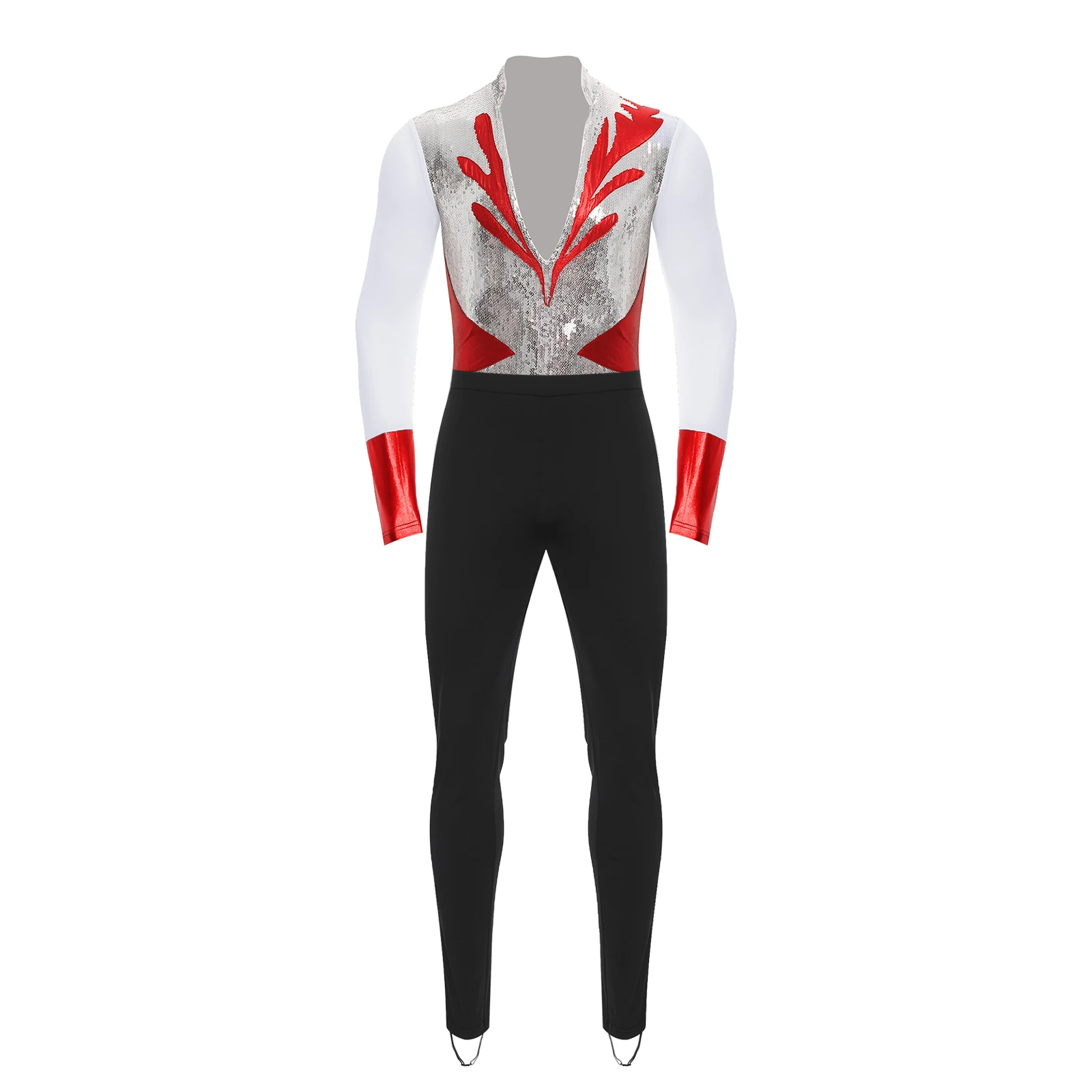 

Men Figure Skating Dance Costume Outfits Shiny Sequin Leotards Gymnastic Bodysuits And Buckled Stirrup Leggings Skating Wear