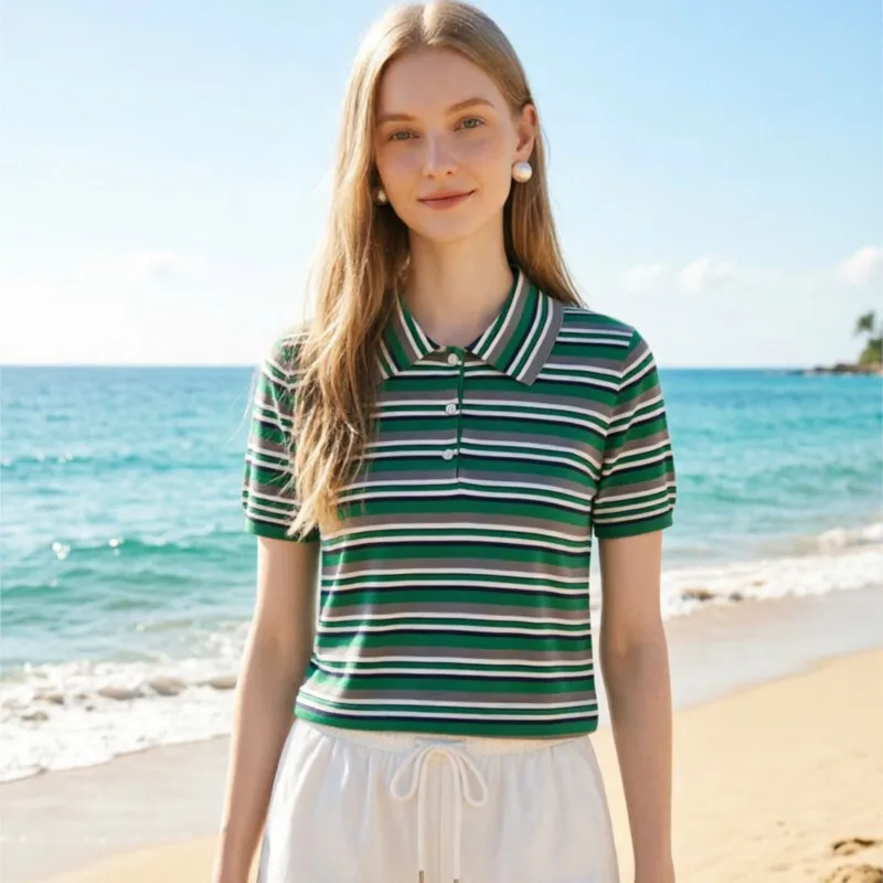 Women's Retro Striped Knit Shirt Short Sleeve Vintage Green Collared T-Shirt Casual Preppy Style Top for Daily Wear