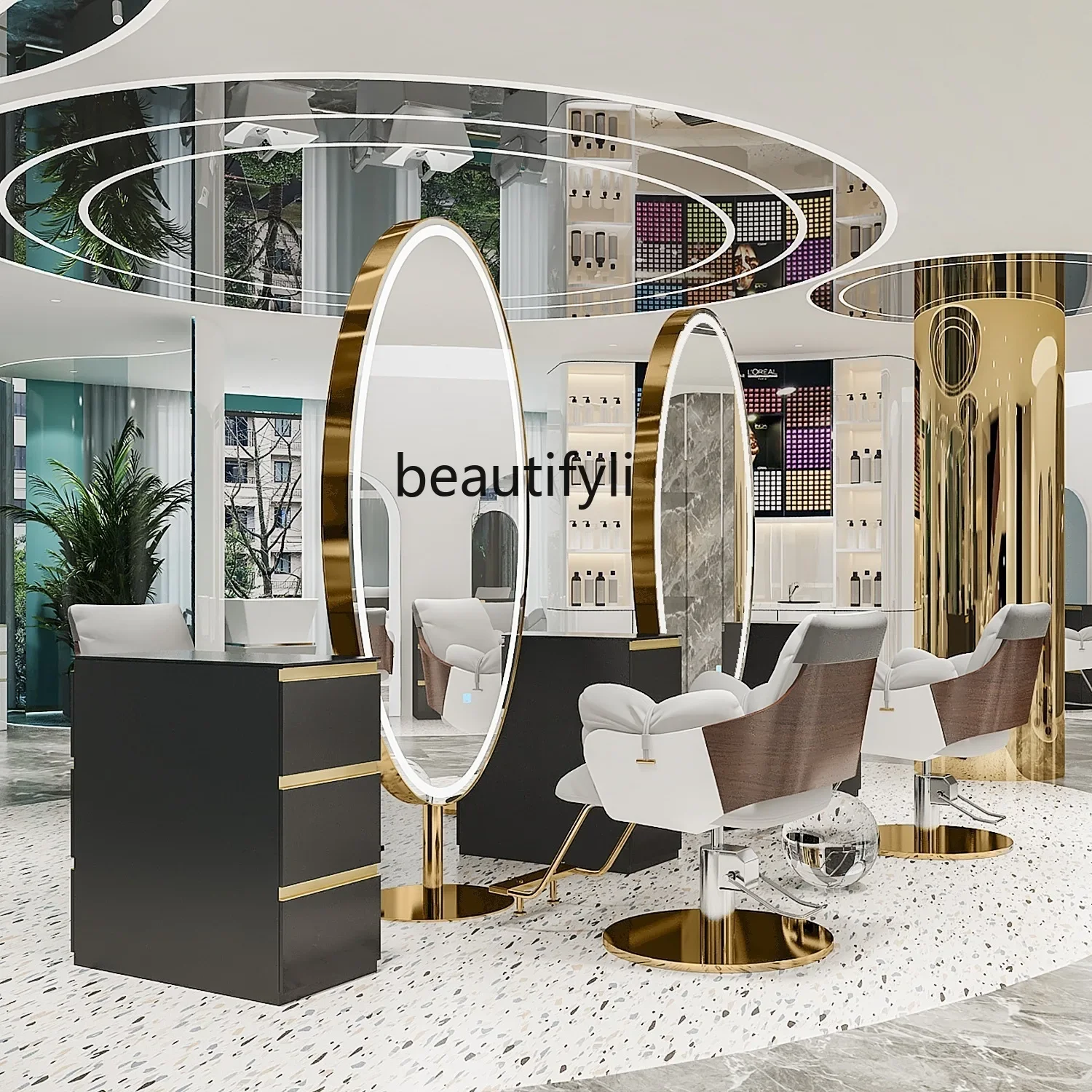 Yy Barber Shop مرآة طاولة أرضية من الفولاذ المقاوم للصدأ مرآة للجسم بالكامل، مرآة خاصة للشعر على الوجهين مع ضوء LED