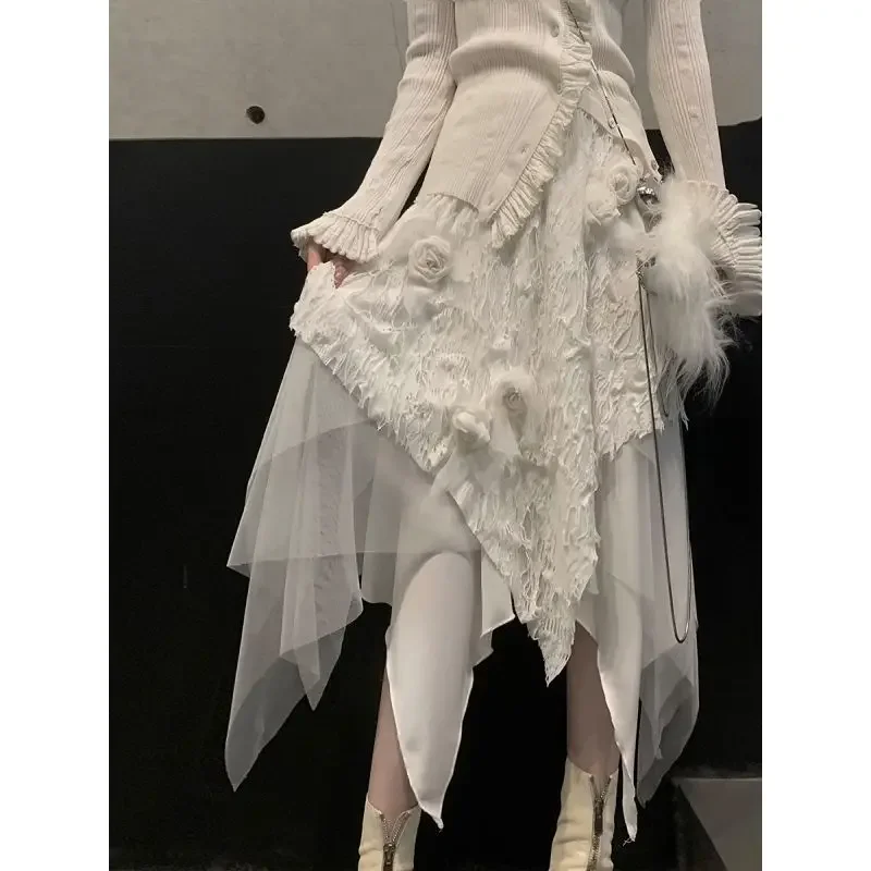 

MiiiiX French Elegant Suits Slim V-neck Knitted Cardigan High Waist A-line Appliques Patchwork Skirt Autumn Women Two Piece Set