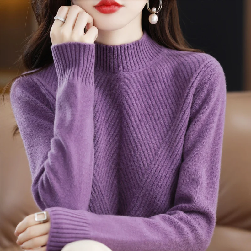 Thickened cashmere sweater women's 2022 autumn and winter new half turtleneck loose solid color pullover sweater bottoming shirt