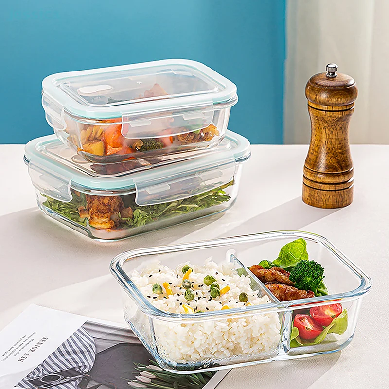 ♥ Bento-Box aus Borosilikatglas mit Deckel, luftdichte Lunchboxen, geteilte Lunchbehälter