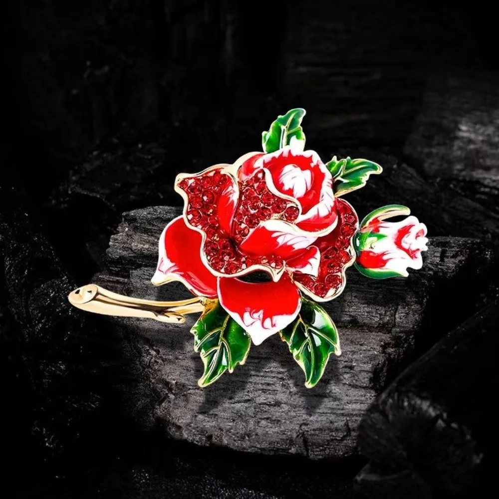 

New Luxury Rose-flower Brooches Elegant Alloy Rhinestone Brooch Enamel Jewelry Accessories Gift