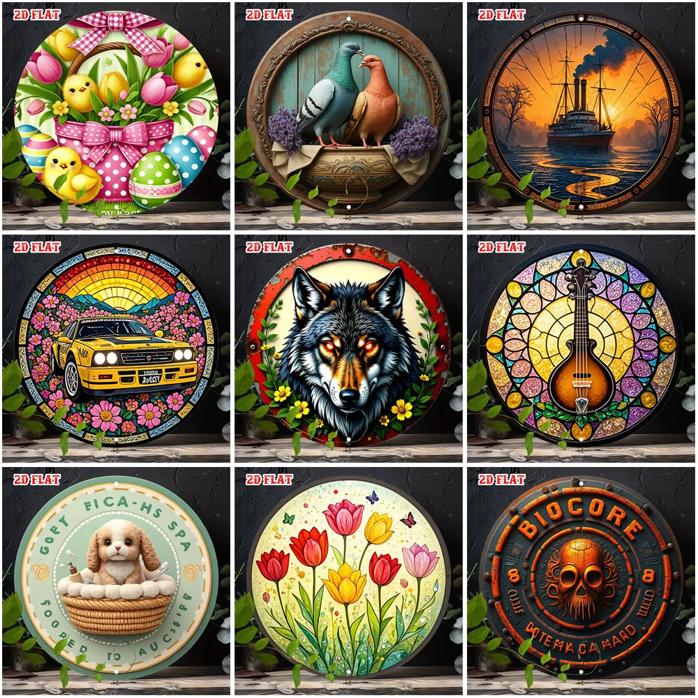 Multistyle Round Metal Tin Sign Animal Car Ship Music Floral Easter Stained Glass Vintage Wall Plaque for Home Cafe Garage Gar