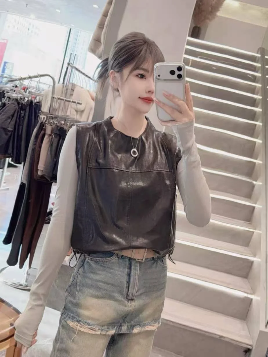 

Новая женская жилетка из натуральной кожи 2025 года: укороченная, приталенная, универсальная, модная, для повседневной носки, верхний слой из воловьей кожи