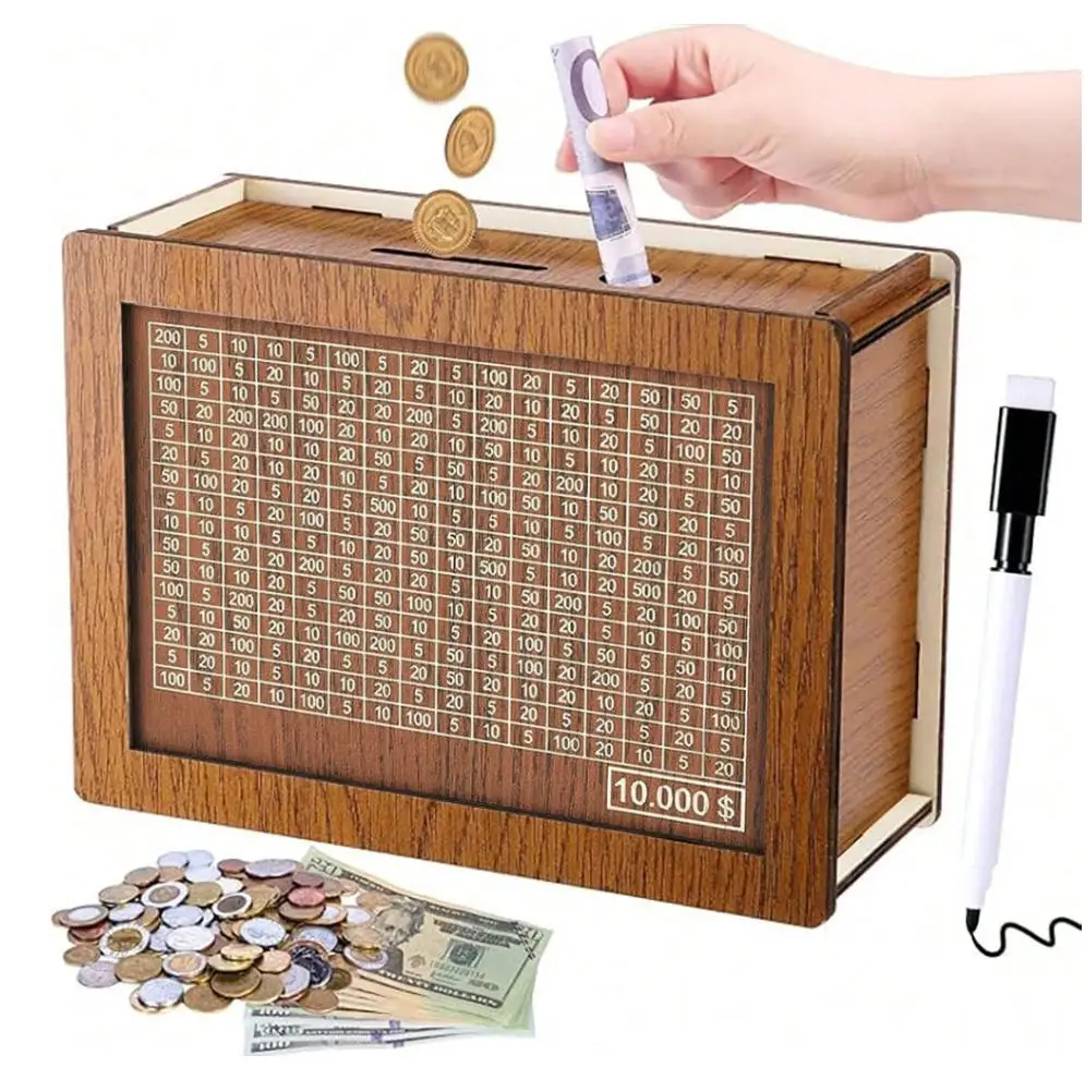 10000 Savings Challenge Box, Cashbox Kakeibo Money Saving Box, Money Vault Saving, Wood Money Box, Gadget Gift Decoration For Te