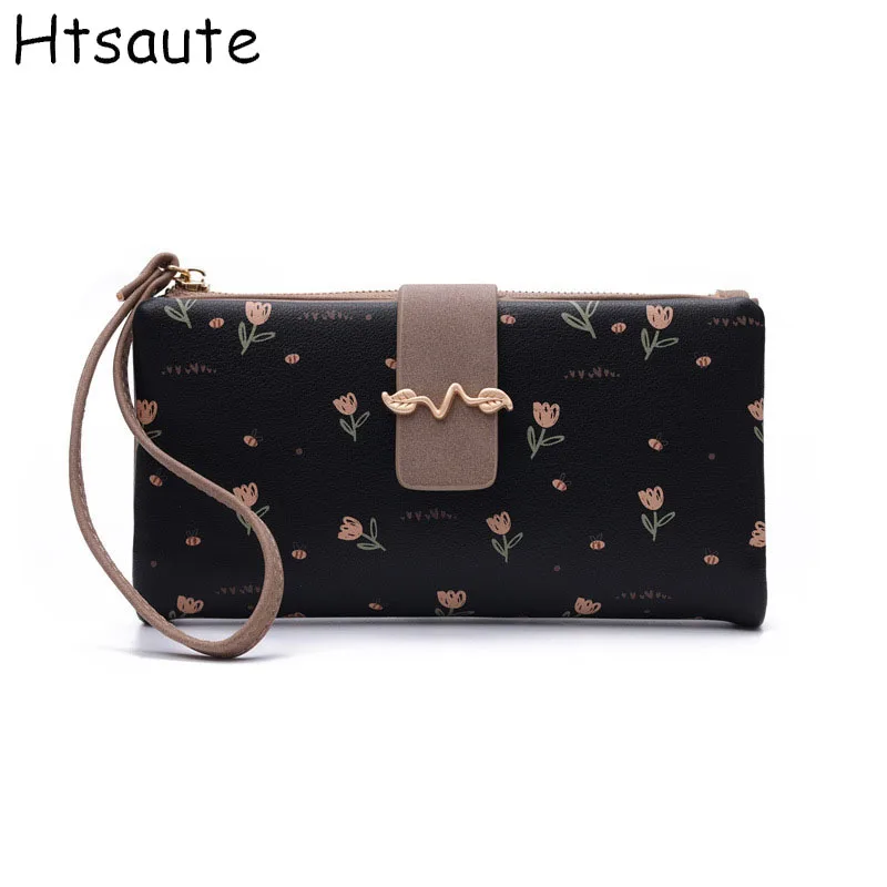 Flower Printed PULeather Wallet Large Capacity Clutch Zippered Card Holder & Photo Compartment, Color blocking Hasp