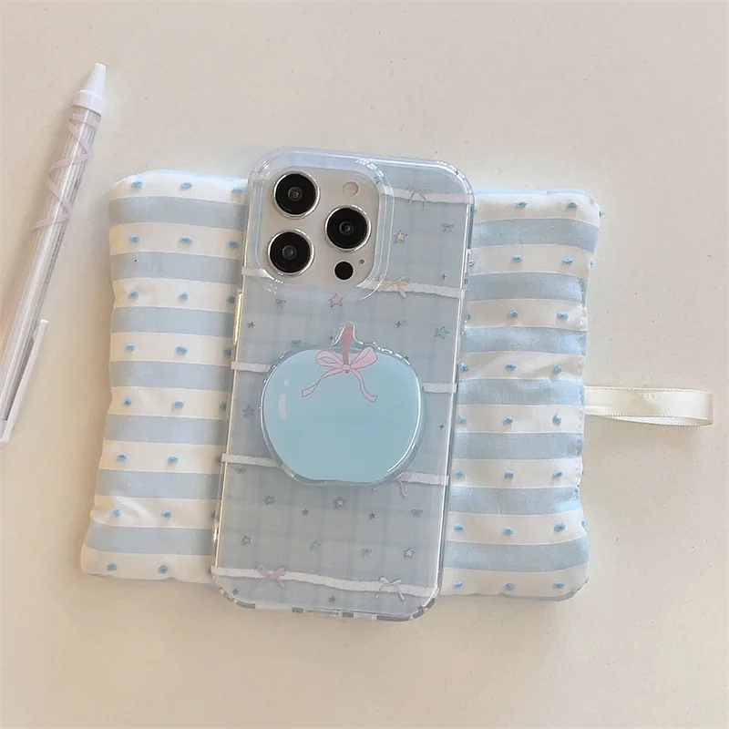 

Korean cute plaid star phone case for iPhone 13Pro 14promax 15 16Pro 15Pro Kawaii Apple Stand Cover Silicone Cases Bow Funda