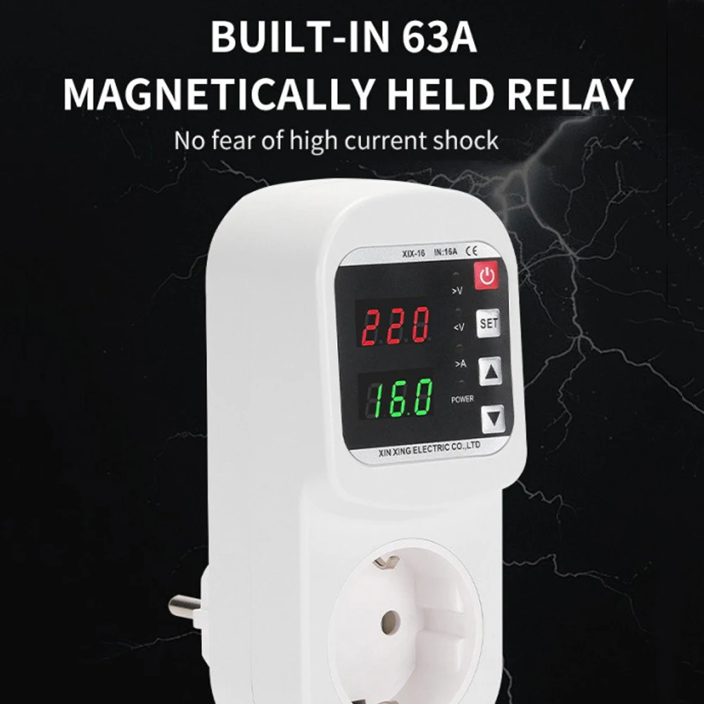 

220 В 63 А Регулируемая защитная розетка V/A с цифровым дисплеем, самовозвращающаяся защита от перенапряжения и пониженного напряжения, безопасная розетка