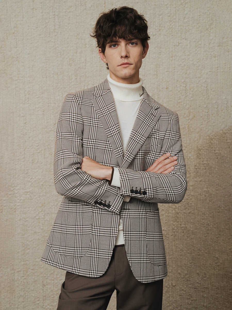 Men's Tweed Blazer 95% Wool 5% Cashmere Blend Thick Brown Plaid Luxury Coat Formal Business Casual Jacket for Fall Winter 44 54