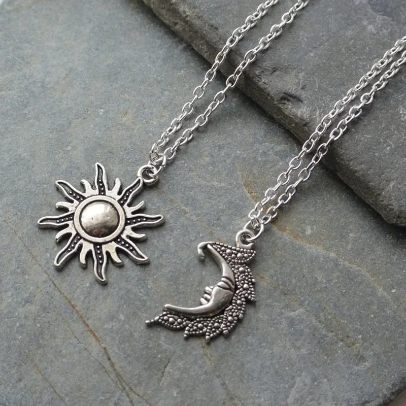 New Silver Color Sun And Moon Necklaces Chain Pair Of Celestial Best Friends Gift For Friend Long Necklaces Pendants Men Women