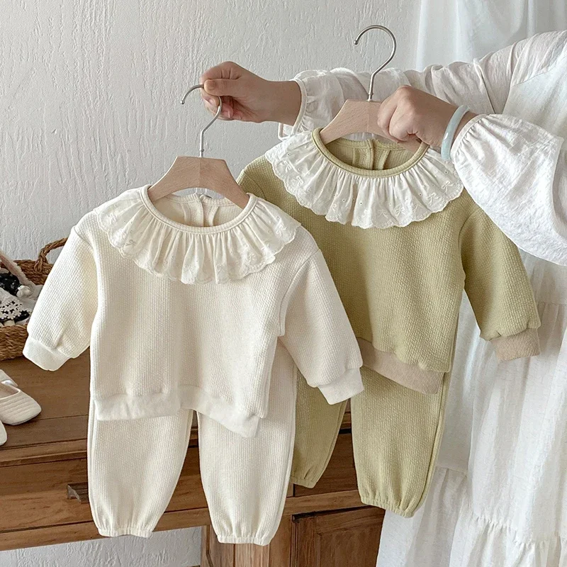 

Autumn Kids Clothes Suit Children Clothes Suit Waffle Pullover+Pants Baby Boys Girls Clothing Set Spring Lace Collar Sports Suit