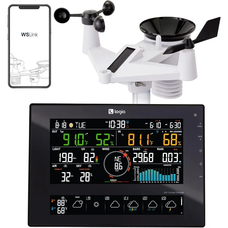 محطة الطقس اللاسلكية 7 في 1 مع توقعات لمدة 10 أيام / 24 ساعة، شاشة ملونة كبيرة مقاس 8 بوصات تعمل بالطاقة الشمسية | يقيس سرعة الرياح #1