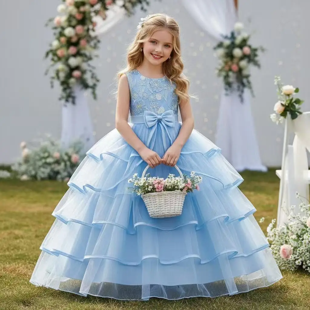 Summer Mesh Baby Dress Baby Girl Party Dress Princess Birthday Clothes Back Bow Wing Solid Color Strap Dress 120-170CM