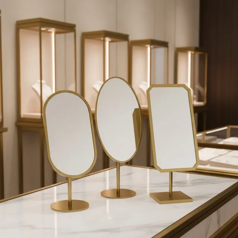 Luxury Gold Plated Stainless Steel Makeup Mirror for Jewelry Store Display European Style Counter Glass Vanity Beauty