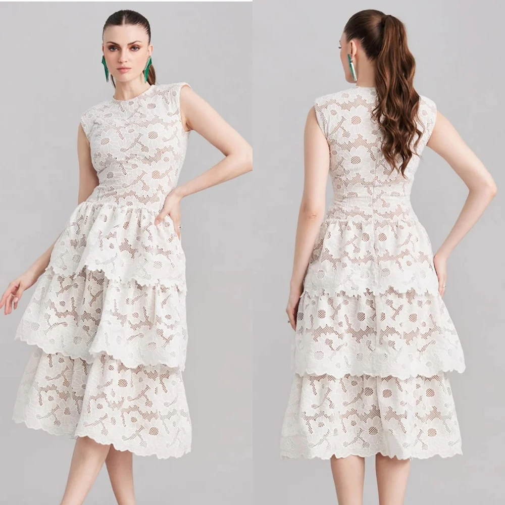 Customized Mesprit Modern Style Formal Evening O-Neck A-line Tiered Ankle-Length Lace Bespoke Occasion Dresses Prom 