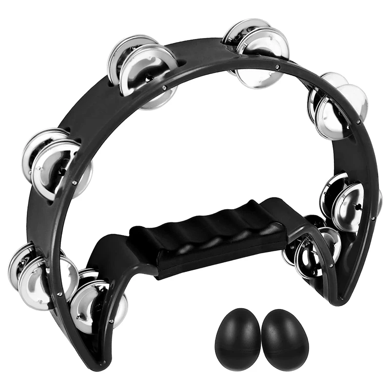 Tambourine,Metal Jingles Hand Held Percussion Half-Moon Tambourine And Egg Shakers For Kids, Adults, KTV, Party BLACK