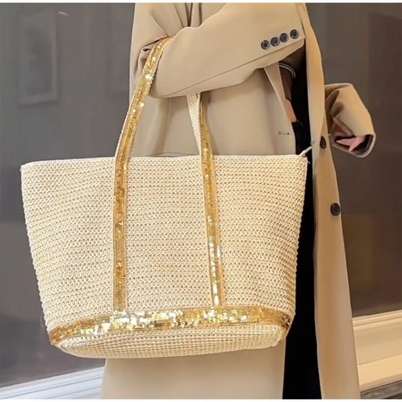 French Sequined Tote Bag For Women Luxury Large Bucket Tote Vintage Casual Woven Commuter Bag Canvas Sequined Shopper Travel Bag