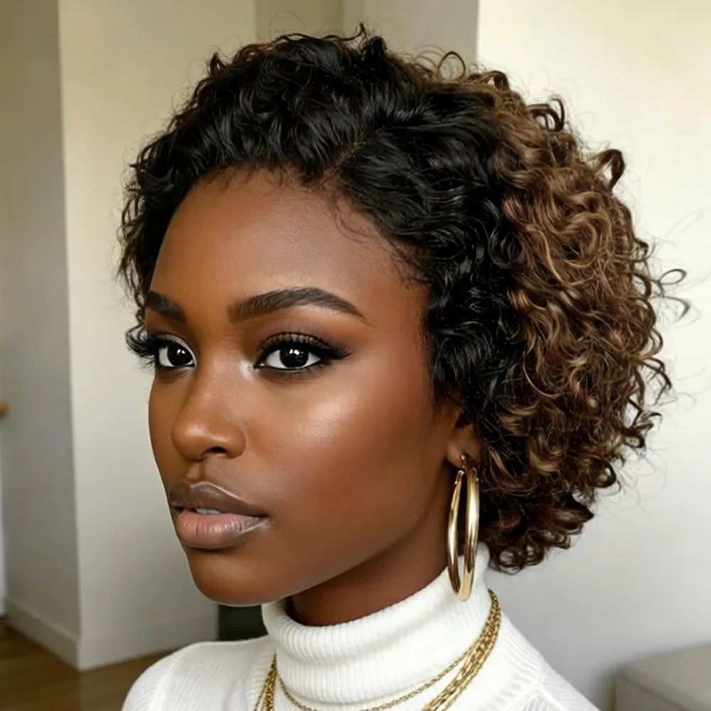 

pixie cut curly short human hair wigs for women pixie wig 13*4 lace wig 150% density daily party use wig 1B4 color
