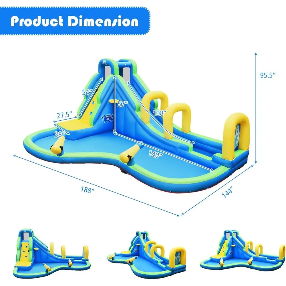 Iatable waterglijbaan, 5-in-1 waterpark kasteel springkasteel met waterkanen, lange glijbaan met boog, binnen buiten opblazen