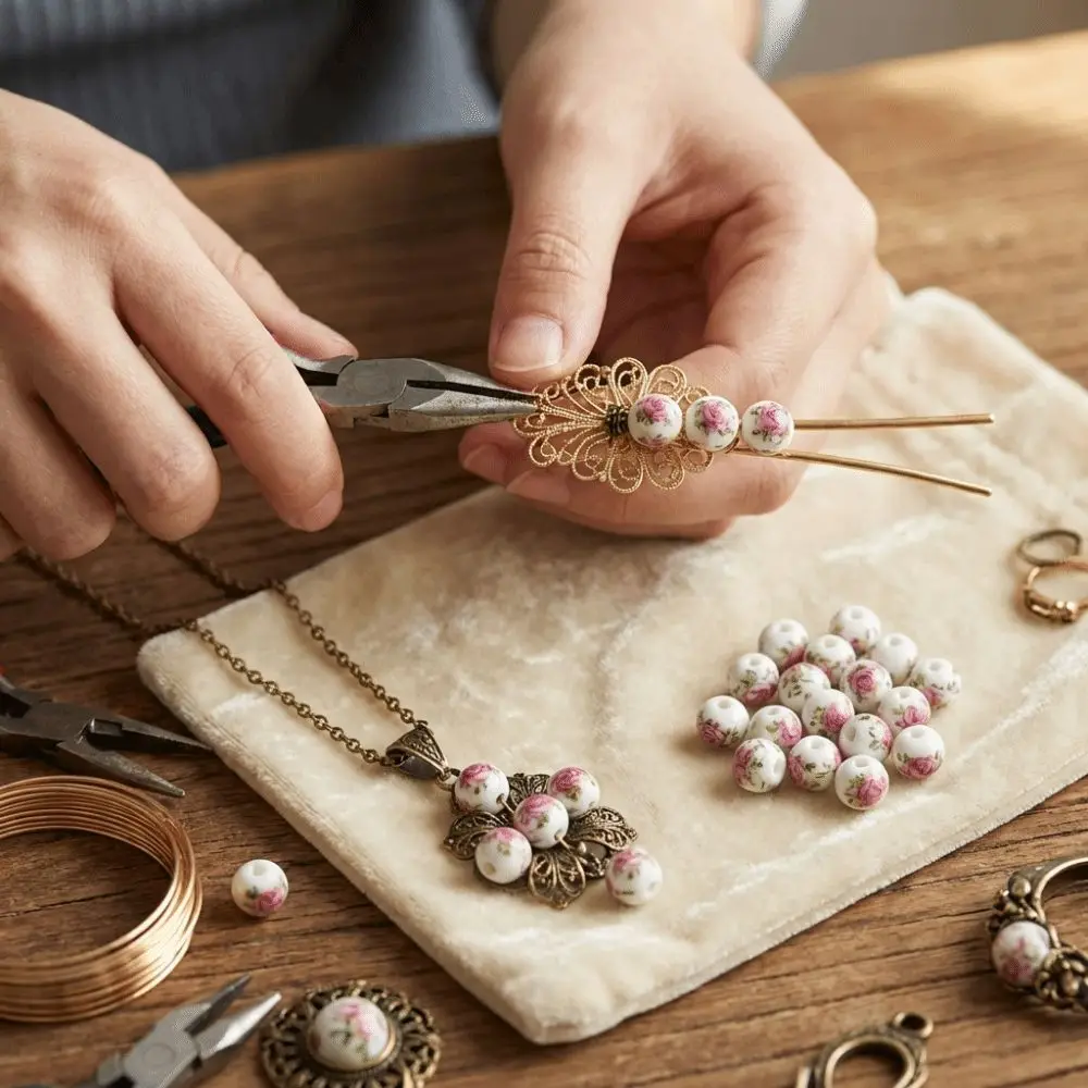 30pcs/set Creative DIY Ceramic Beads Round Ancient Style Chinese Style Beads Flowers Printed Loose Form Jewelry Making