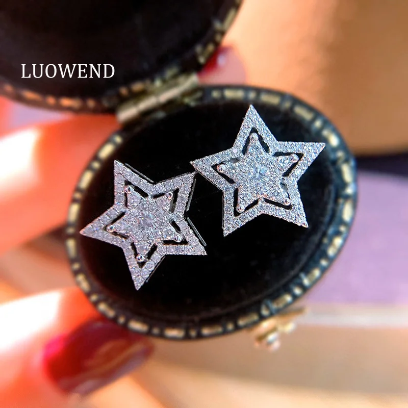 

LUOWEND 100% 18K White Gold Earrings Romantic Star Shape Real Natural Diamond Stud Earrings for Women High Wedding Jewelry