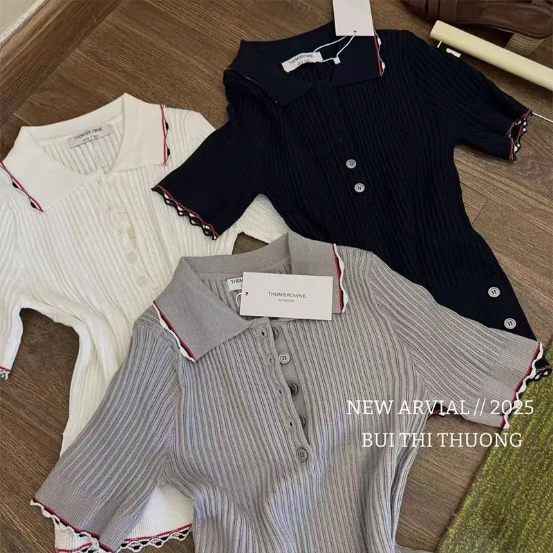 

Летняя полосатая вязаная футболка с коротким рукавом в консервативном стиле, женские винтажные удобные мягкие эластичные тонкие топы с лацканами