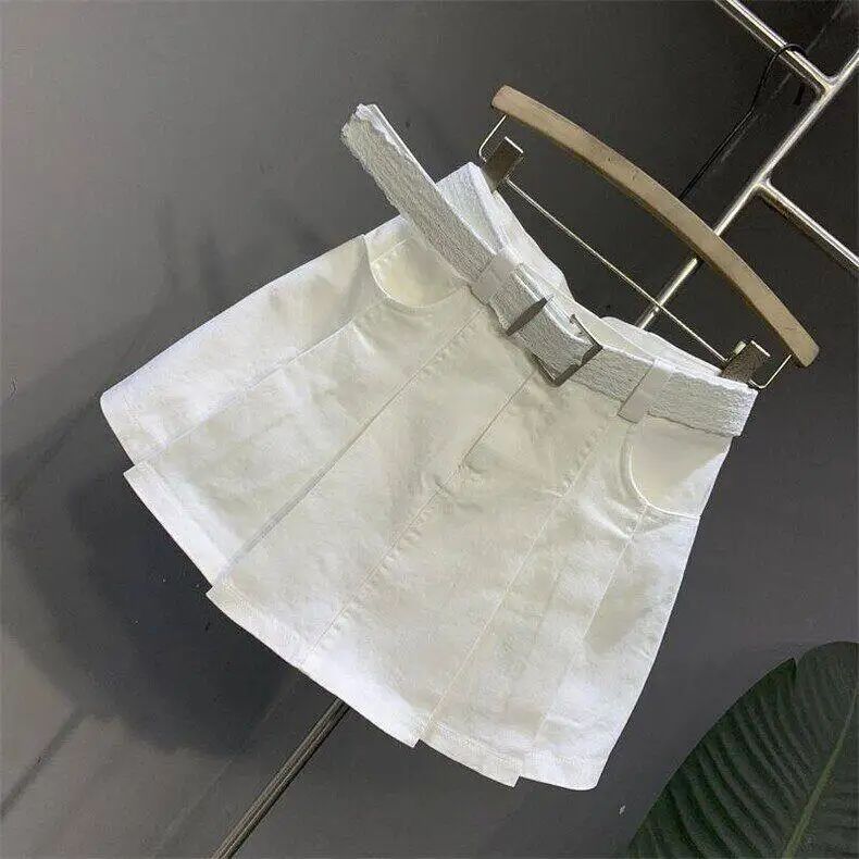 

White Denim Half Skirt Women's High Waist Slimming Anti-Light A-Line Pleated Skirt Spring Summer New Style Retro