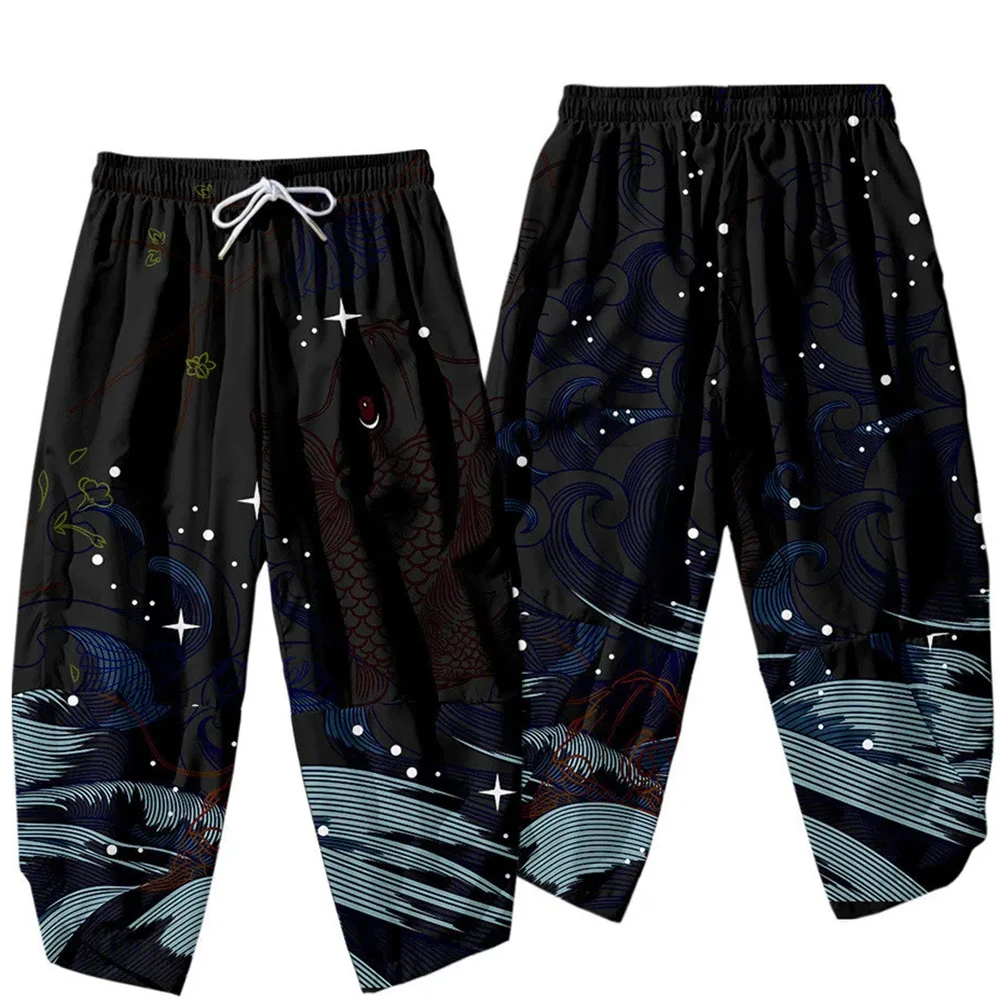 Japanese Kimono Pants Vintage Pants Kanagawa Wave Carp Graphic Trousers Women Men Traditional Asian Clothing Cosplay Costume