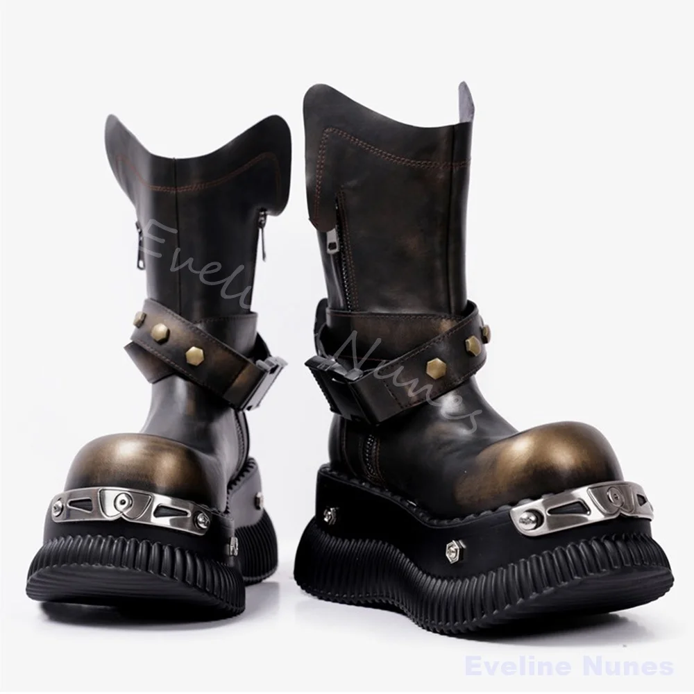 Distressed Punk Biker Boots Women Round Toe Metal Decoration Rivet Platform Mid Calf Boots 2026 Hot Girl Subculture Knight Boots
