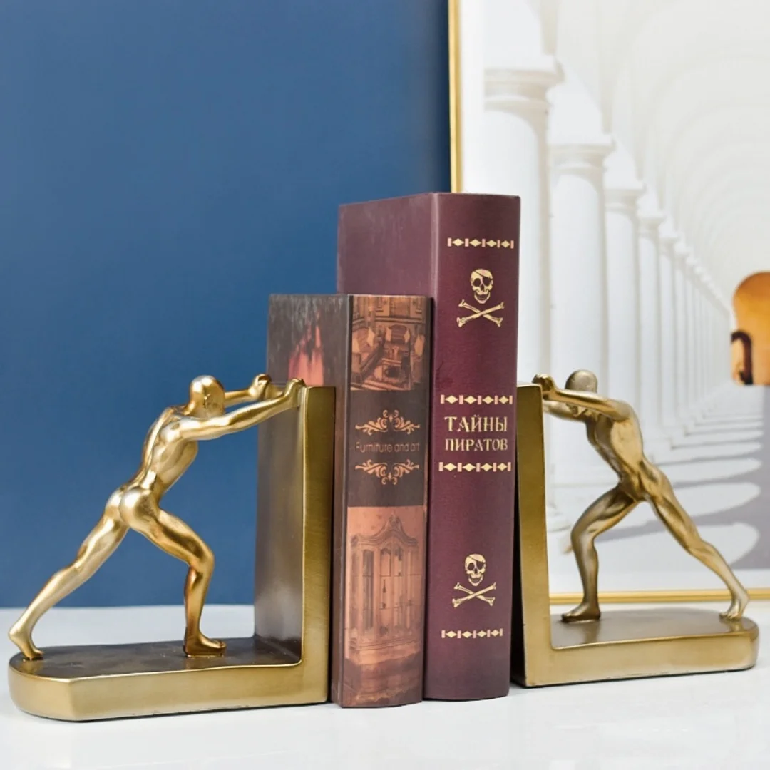 

1 Pair Decorative Book Shelf Bookends Golden Man Pushing Book Support Book Stopper Ornaments Resin Craft For Home Cabinet Colle