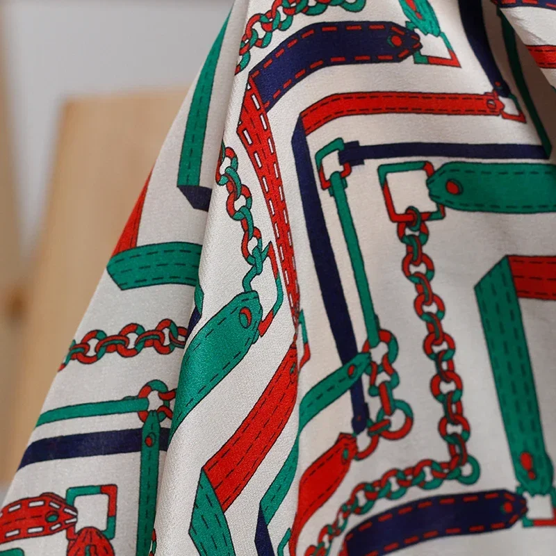 Redraspberry 12momme Red Green Chain Printed Silk Crepe De Chine Fabric 100%Silk Materials Women Dress Shirt Cloth Freeshipping