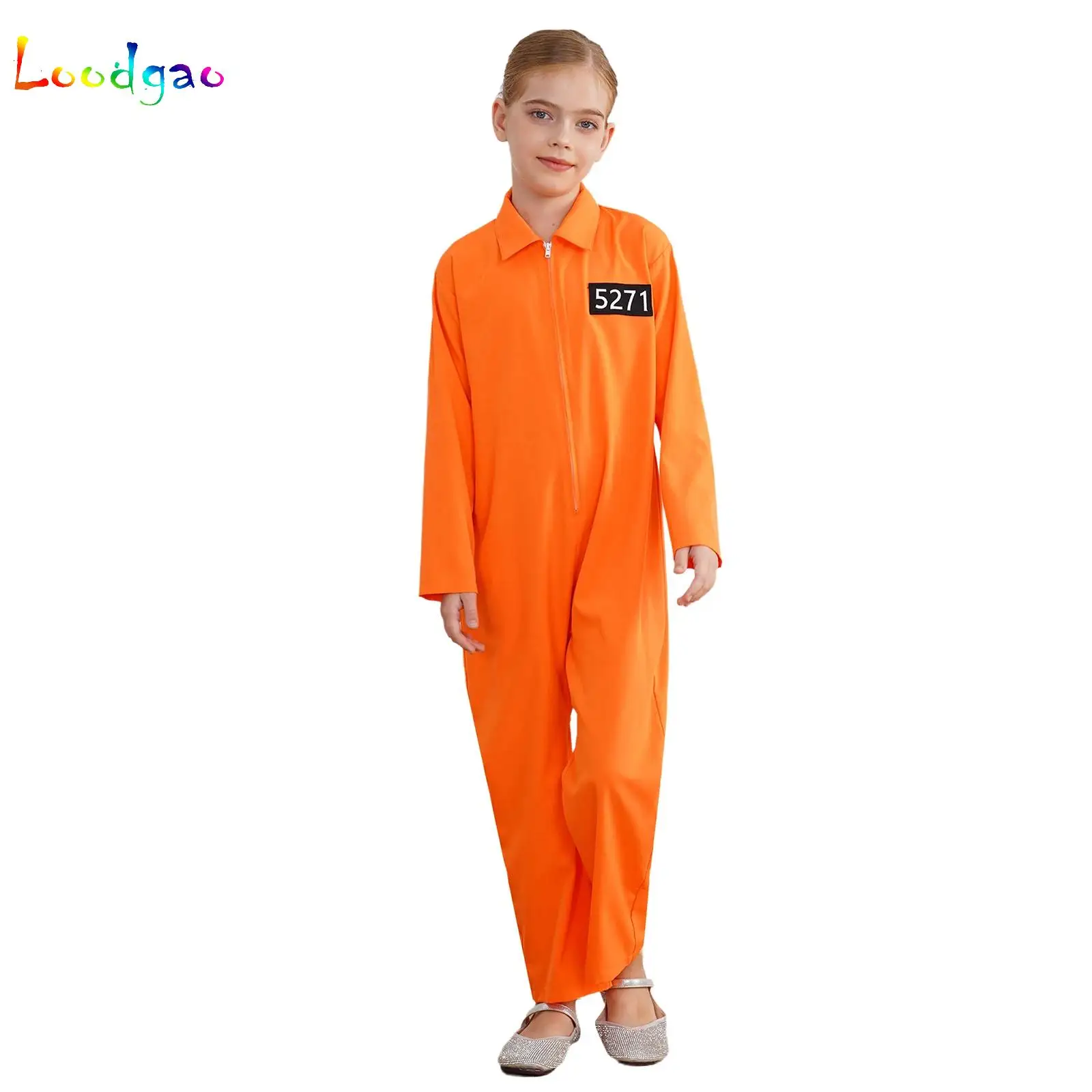 

Boys Girls Prisoner Cosplay Halloween Orange Jailbird Inmate Jumpsuit One Piece Full Body Suit Prison Overalls Uniform Costume
