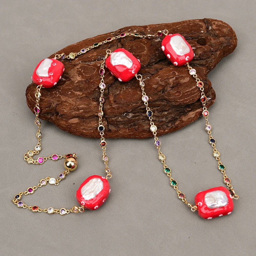 

G-G 32'' Natural White Keshi Pearl Rectangle Shaped Red Enamel Glaze Mix Color CZ Paved Zirconia Chain Long Necklace