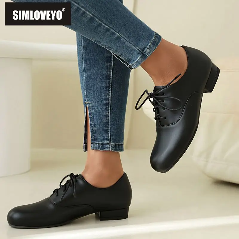 

SIMLOVEYO Brand 2024 New Concise Women Flats Round Toe Lace Up Plus Size 43 44 45 Soft Daily Female Casual Brogue Shoes Spring