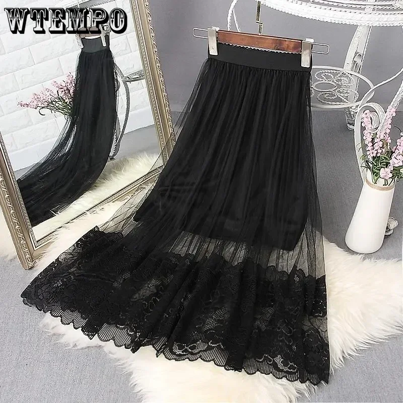 WTEMPO Women Tulle Skirts Female Summer Elastic High Waist Slim Pleated Skirt Solid Fashion New Casual Lace Long A-line Skirts