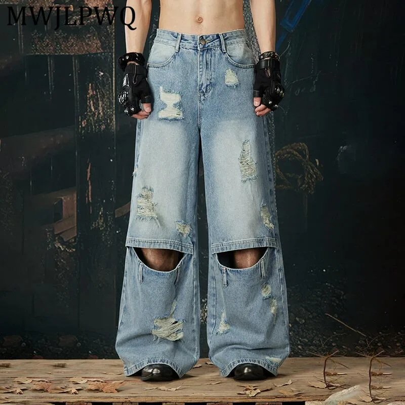 

Мужские джинсы MWJLPWQ в стиле панк, деконструированные, с двойными коленями, с эффектом потертости, рваные, износостойкие, свободного кроя, модель 13940