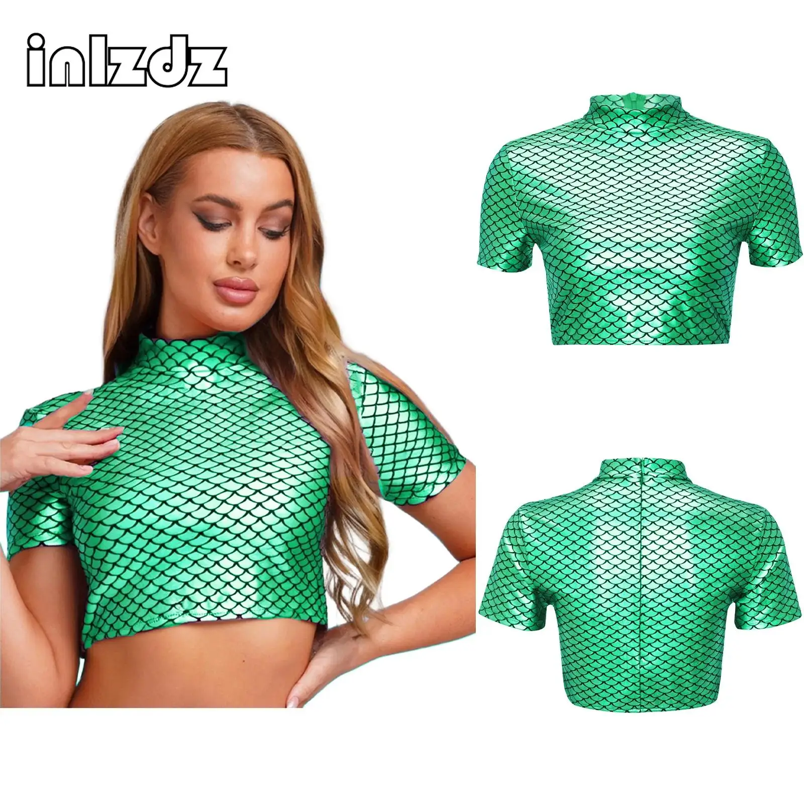 

Womens Fancy Mermaid Fishscale Print Crop Top Metallic Shiny Short Sleeve Crop T-shirt for Themed Party Halloween Cosplay Party