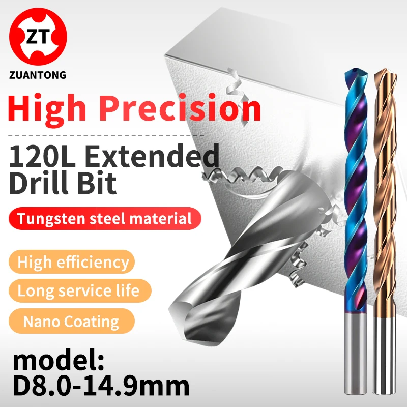 

ZUANTONG Carbide Drill Bits D8.0-14.9mm Hard Metal Drills Tungsten Steel Twist Bit For Metalworking CNC Drilling Tool 120mm-Long