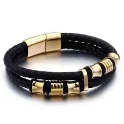Classic Vintage Magnetic Buckle X Pendant Black Leather Bracelet, Suitable for Men\\\\\\\'s Fashion Casual Rock Jewelry