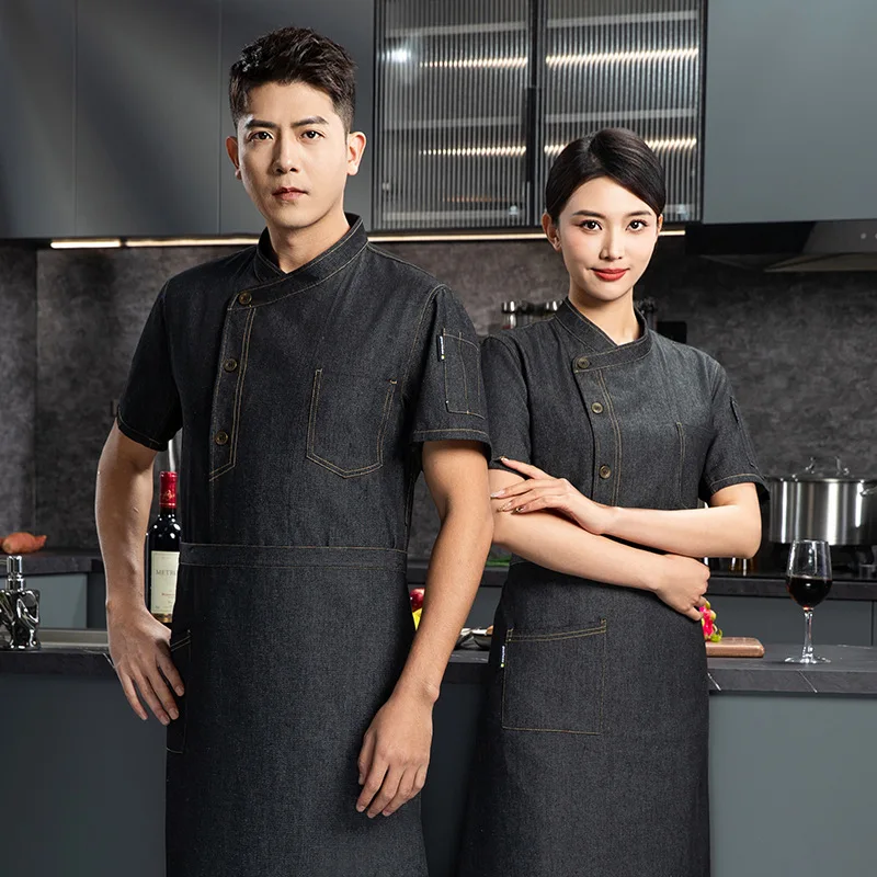 Uniforme de trabajo vaquero para camarero de restaurante occidental, traje de verano para restaurante, cantina, cocina, camisa de manga corta, ropa de trabajo para panadería