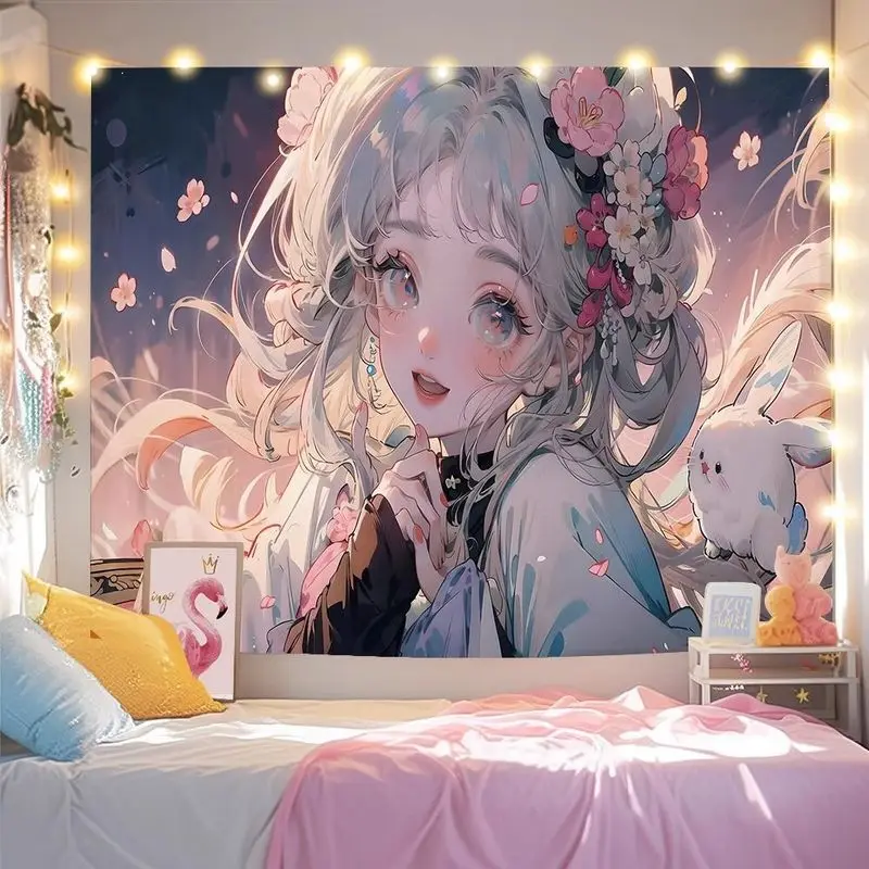 VIKAMA Silver Hairpin Girl White Rabbit Tapestry, Flower Anime Aesthetic Wall Hanging for Bedroom Living Room Dorm Decor