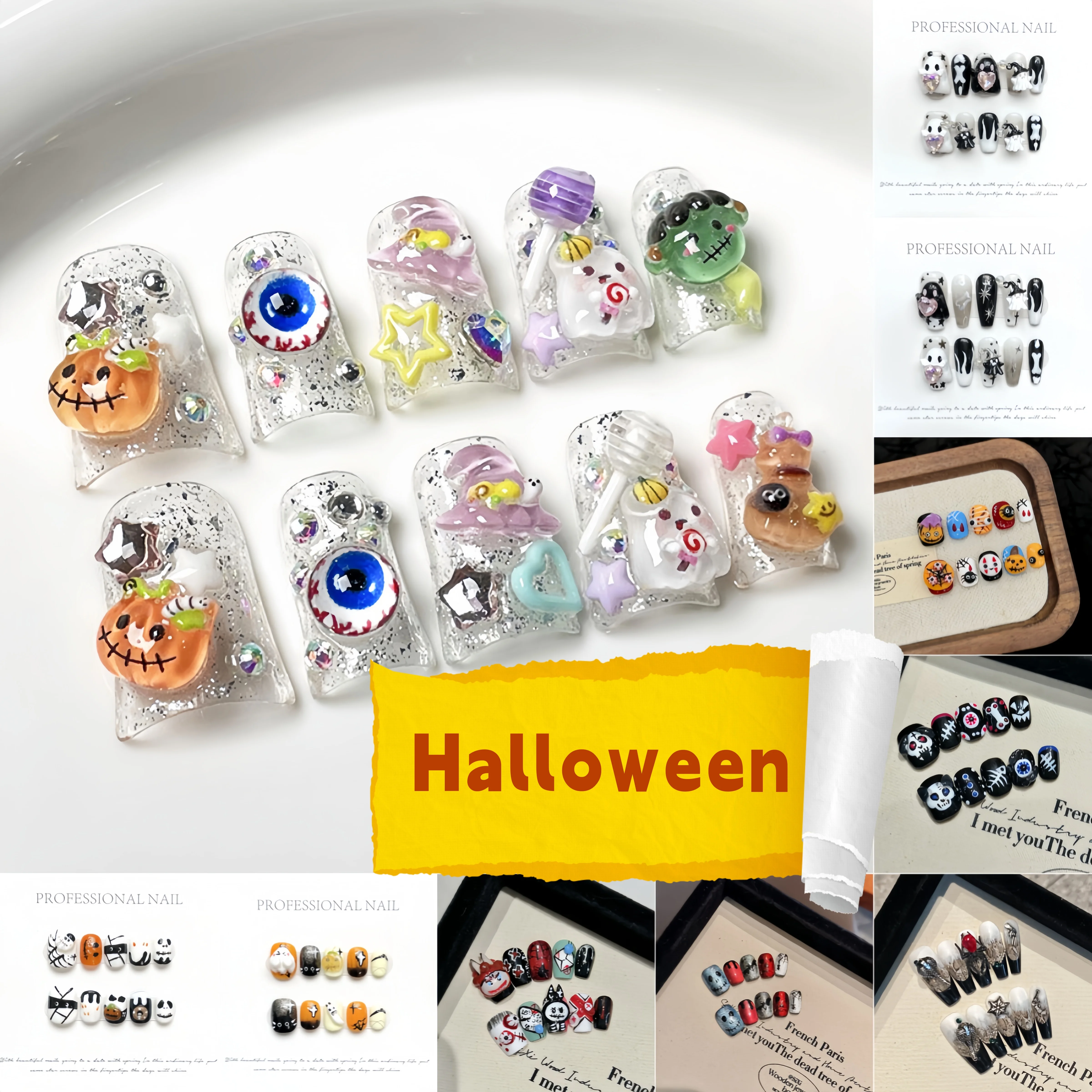 10 pièces nouveaux produits annuels Halloween édition limitée faux ongles faits à la main tête de citrouille fantômes squelette humain oeil de chat faux ongles