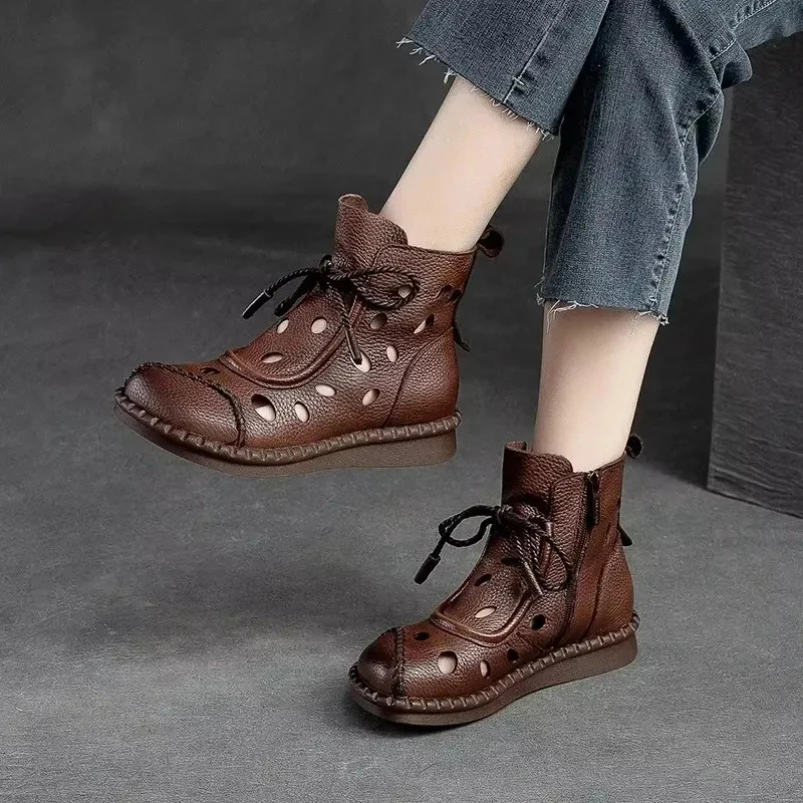 

2025 Women Boots Moccasins Zipper Soft Vintage Genuine Leather Sandals Ankle Breathable Summer Hollow Ladies Shoes