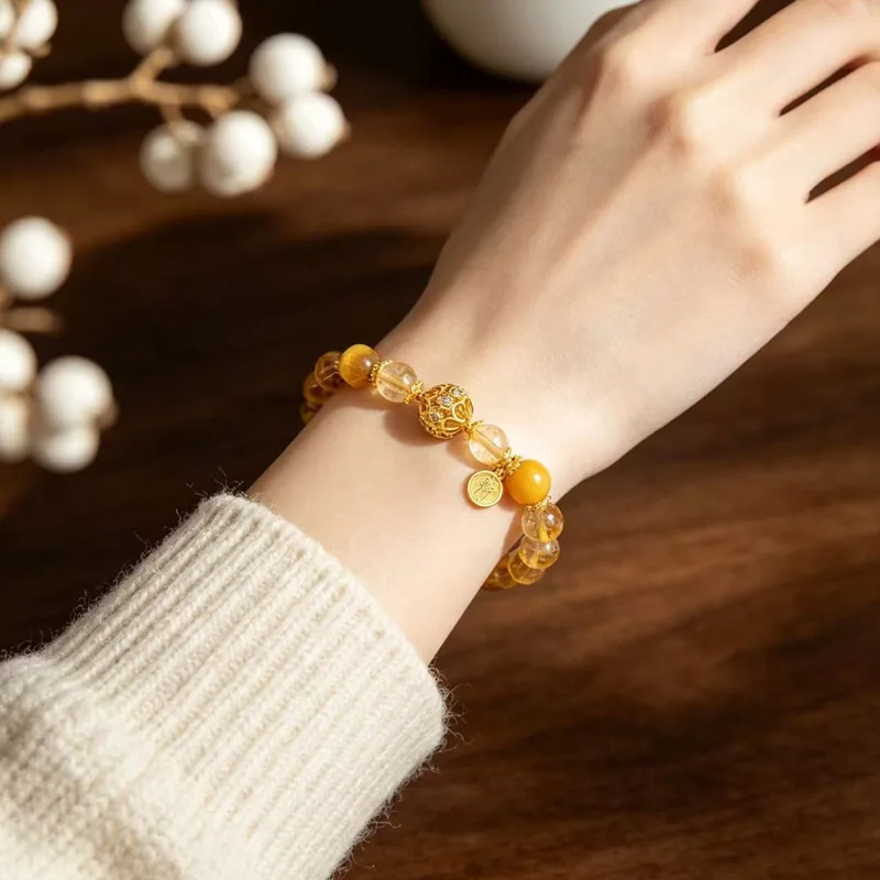 Chinese Style 8mm Natural Yellow Citrine Handstring Bracelet Tiger Eye Gold Rutilated Quartz Lucky Wealth Amulet Gift For Women