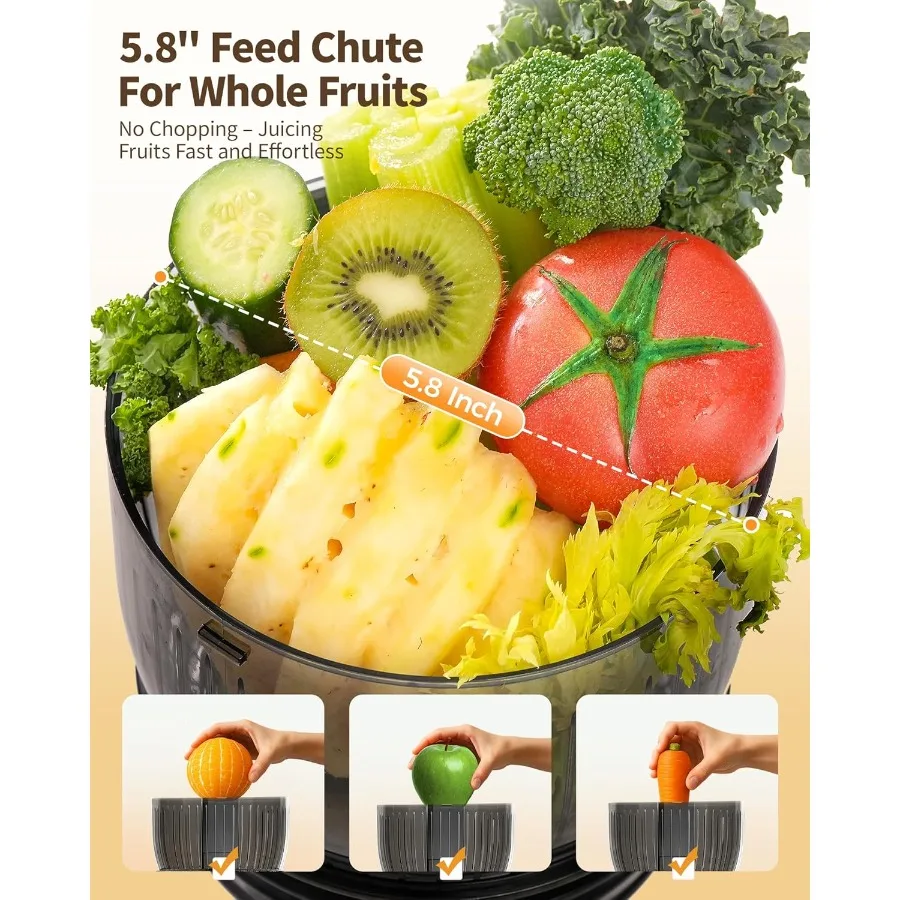 آلات عصارة بالضغط البارد مع مزلق تغذية كبير 5.8 للخضروات والفواكه بالكامل تكنولوجيا المضغ البطيء تضمن ارتفاع J