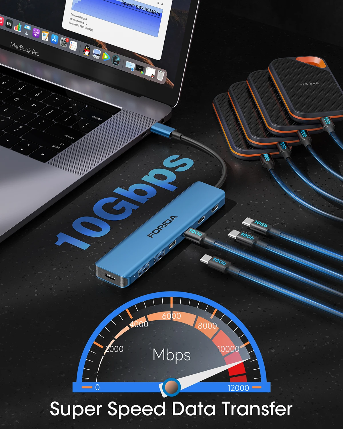 FORIDA USB 3.2 Gen2 6-Port Hub 10Gbps PD 100W Multiport Adapter USB Splitter Expansion Dock for MacBook iPad Laptop PC